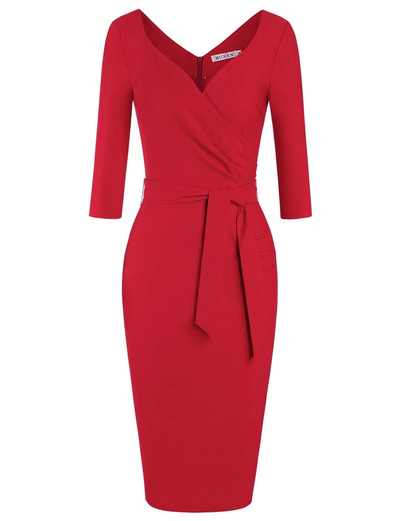 MUXXN Red Wedding Midi Dresses Vintage Style Evening Party Bodycon Dress with Sleeve (Red XL) - Image 5